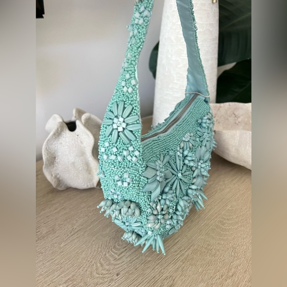 NWT Viral Blue Beaded Shoulder Bag w/ Flower Detail Handcrafted in India - Picture 2 of 10
